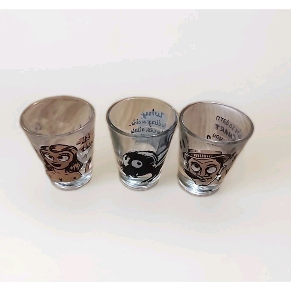 3 Vintage 1950's Saucy Roving Eyes‎ shot glasses girl boy skunk anchor hocking